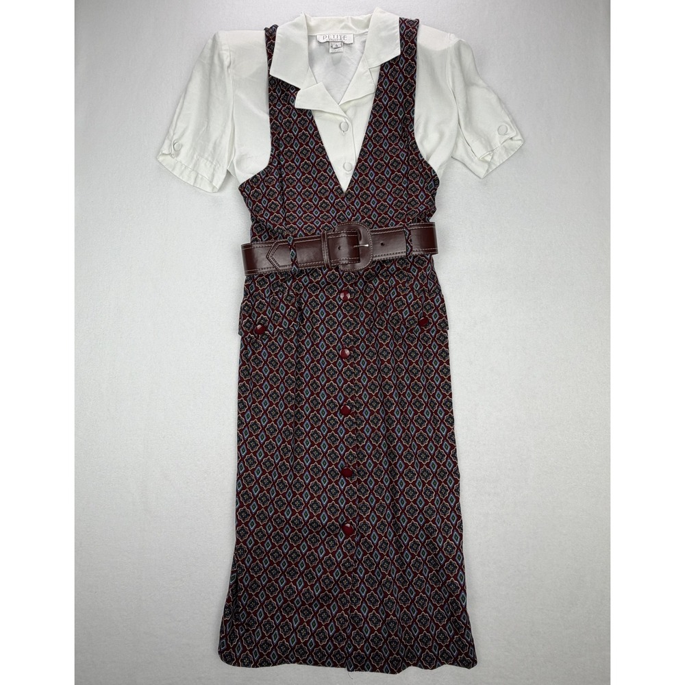 80s/90s Vintage Petite Sophisticate Geometric Jumper Dress & Blouse Set 4